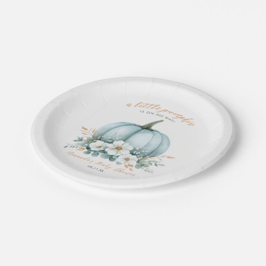 Elegant Fall Blue Pumpkin Floral Boy Baby Shower Pappteller (Schrägansicht)
