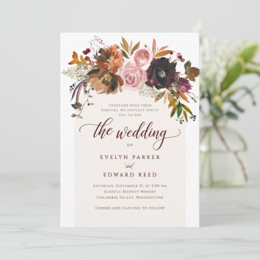 Elegant Fall Floral Boho Wedding Einladung (Stehend Vorderseite)