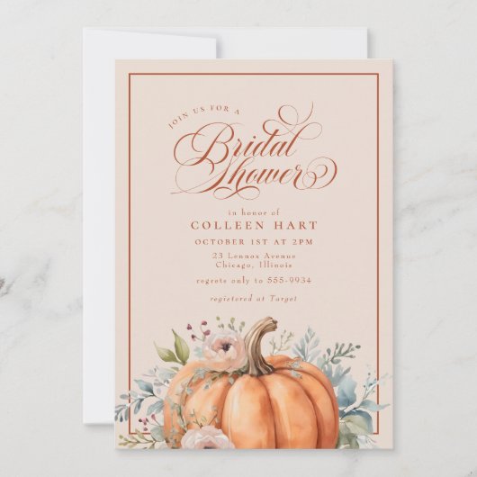 Elegant Fall Floral Pumpkin Script-Brautparty Einladung (Vorderseite)