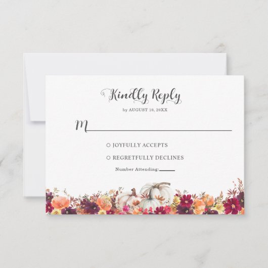 Elegant Fall Floral Pumpkin Wedding RSVP Karte (Vorderseite)