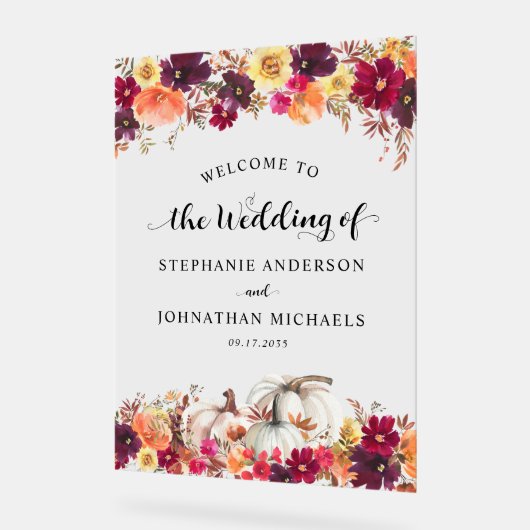 Elegant Fall Floral Pumpkin Wedding Willkommen Acrylschild (Winkel)