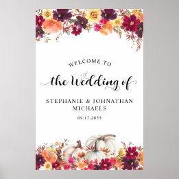 Elegant Fall Floral Pumpkin Wedding Willkommen Poster