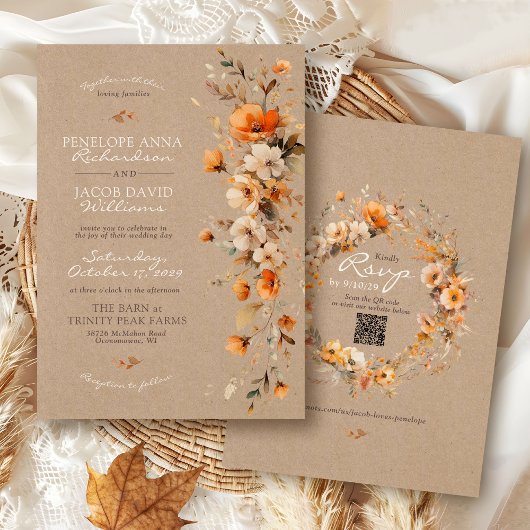 Elegant Fall Floral Rustic Kraft Autumn QR Wedding Einladung