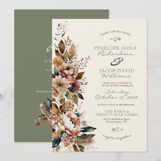 Elegant Fall Floral Sage Green Boho Autumn Wedding Einladung (Vorne/Hinten)
