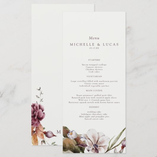 Elegant Fall Floral Wedding  Menükarte (Vorne/Hinten)