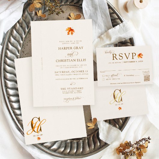 Elegant Fall Leaves Autumn Rustic Ribbon Wedding Einladung