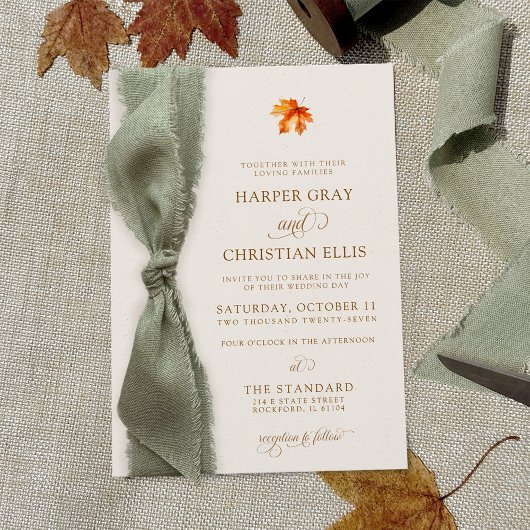 Elegant Fall Leaves Autumn Rustic Ribbon Wedding Einladung