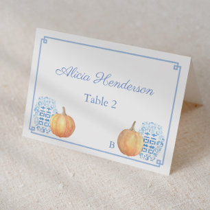Elegant Fall Pumpkin Blue White Wedding Platzkarte Tischnummer