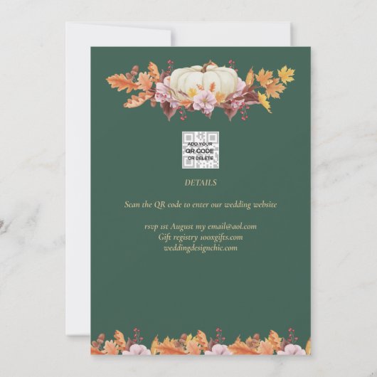 Elegant Fall Pumpkin Green Gold Wedding Rett Date Einladung (Rückseite)