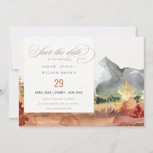Elegant Fall Rust Orange Mountain Trees Wedding Save The Date (Vorderseite)