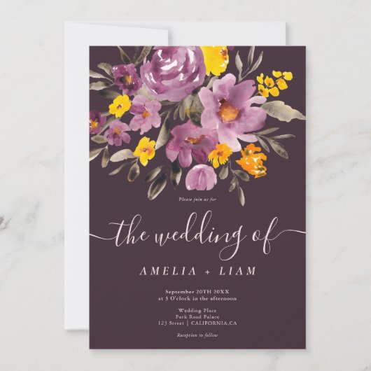 Elegant fall winter purple floral script wedding einladung (Vorderseite)