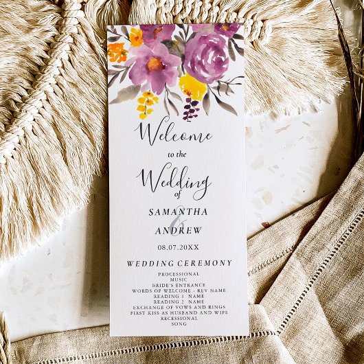 Elegant fall winter purple floral wedding program programm