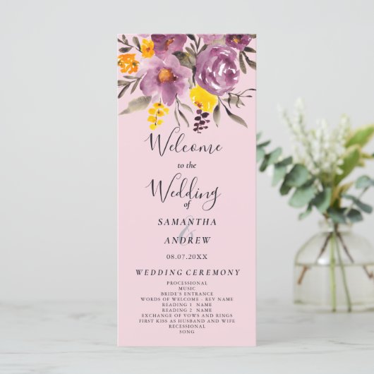 Elegant fall winter purple floral wedding program programm (Stehend Vorderseite)