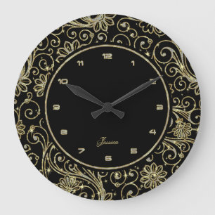 Elegant Falsch Glitter and Gold On Black Große Wanduhr