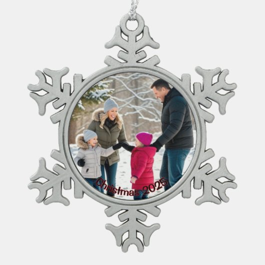 Elegant Family Photo Holiday Personalize Schneeflocken Zinn-Ornament (Vorderseite)