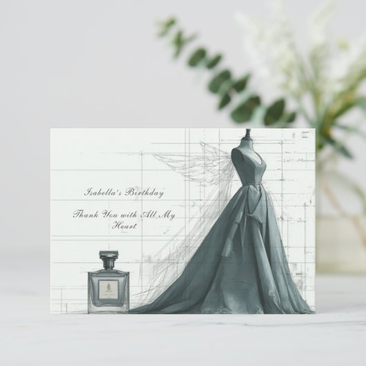 Elegant Fashion Thank You Card – Gown & Perfume  Dankeskarte (Stehend Vorderseite)