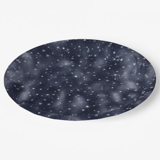 Elegant Faux Blue Foil Silver Stars Christmas Pappteller (Schrägansicht)