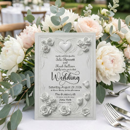 Elegant Faux Embossed White Floral Heart Wedding Einladung