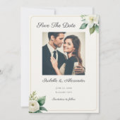 Elegant Faux Gold Frame White Floral Custom Photo Save The Date (Vorderseite)