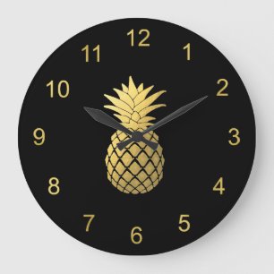 Elegant Faux Gold Pineapple on Black Große Wanduhr