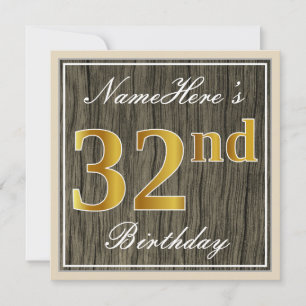 Elegant, Faux-Holz, Faux-Gold 32. Geburtstag + Nam Einladung