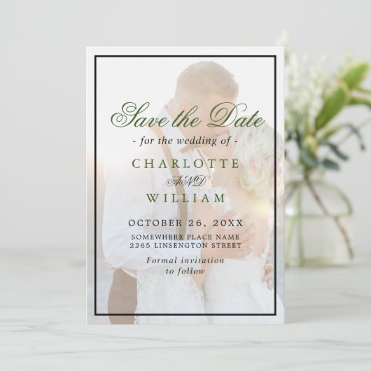 Elegant Faux Vellum Overlay Photo Wedding Save The Save The Date (Stehend Vorderseite)