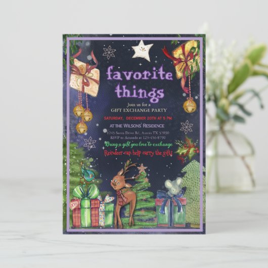 Elegant Favorite Things Gift Exchange I Night Sky Einladung (Stehend Vorderseite)