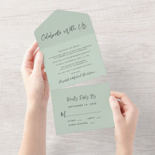 Elegant Feiern Sie mit uns Sage Hochzeitsempfang All In One Einladung