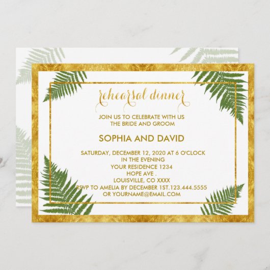 Elegant Fern Blätter PROBE DINNER Einladung (Vorne/Hinten)