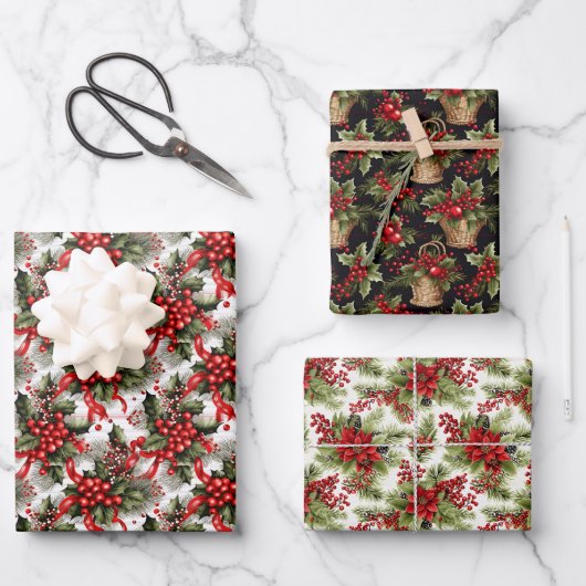Elegant Festival Rot & Grün Weihnachten Botanisch Geschenkpapier Set (Vorderseite)