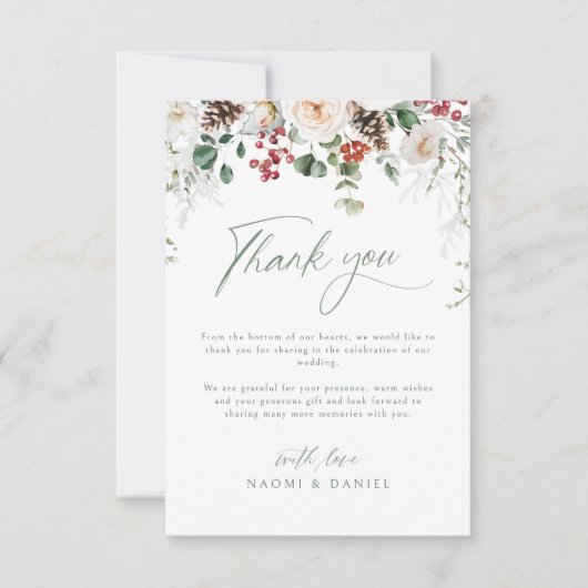 Elegant Festive Floral Holiday Winter Wedding Dankeskarte (Vorderseite)