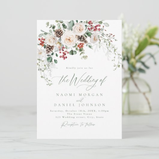 Elegant Festive Floral Holiday Winter Wedding Einladung (Stehend Vorderseite)