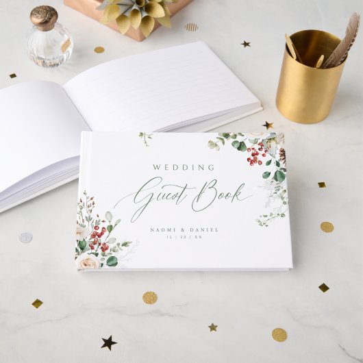 Elegant Festive Floral Holiday Winter Wedding Gästebuch (Vorderseite Offen)