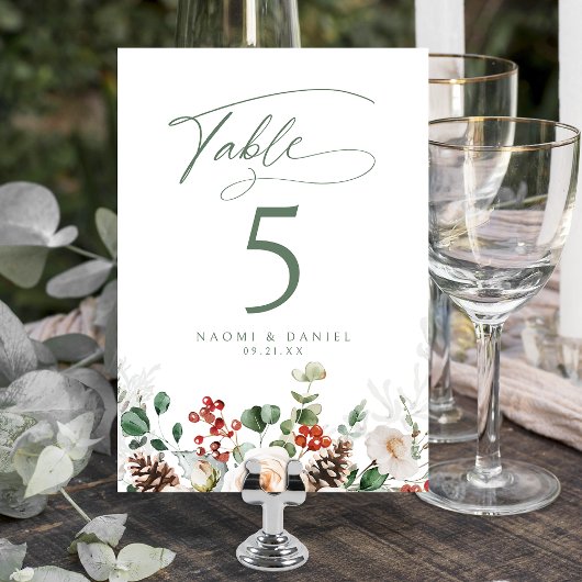 Elegant Festive Floral Holiday Winter Wedding Tischnummer