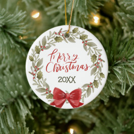 Elegant Festive Frohe Weihnachts-Wreath Red Bow Keramik Ornament