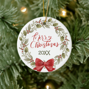 Elegant Festive Frohe Weihnachts-Wreath Red Bow Keramik Ornament