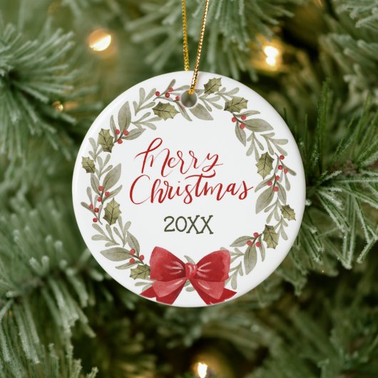 Elegant Festive Frohe Weihnachts-Wreath Red Bow Keramik Ornament (Baum)