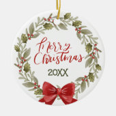 Elegant Festive Frohe Weihnachts-Wreath Red Bow Keramik Ornament (Vorne)
