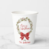 Elegant Festive Frohe Weihnachts-Wreath Red Bow Pappbecher (Rückseite)