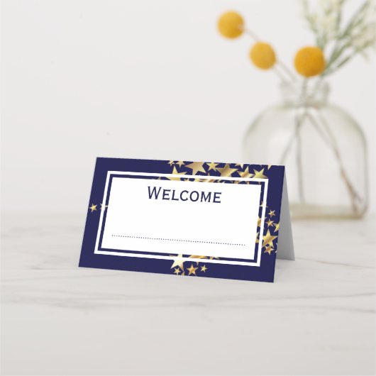Elegant Festive | Gold Stars für Navy Blue Platzkarte (Vorderseite)