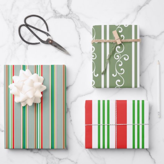 Elegant Festive Red Green Striped Holiday Geschenkpapier Set (Vorderseite)