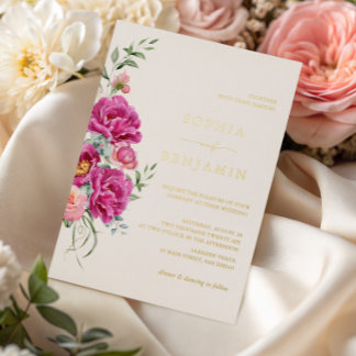 Elegant Fette Lebendige Rosa Florale Hochzeit Gold Folieneinladung