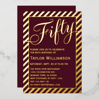 Elegant Fifty Burgunder Goldfolie 50. Geburtstag Folieneinladung