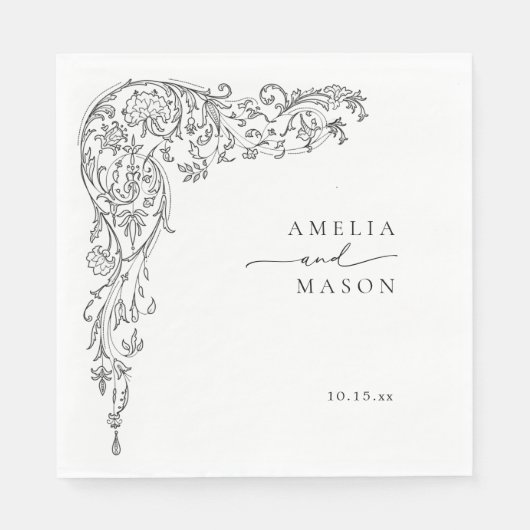 Elegant Filigree Black and White Paper Wedding Serviette (Vorderseite)