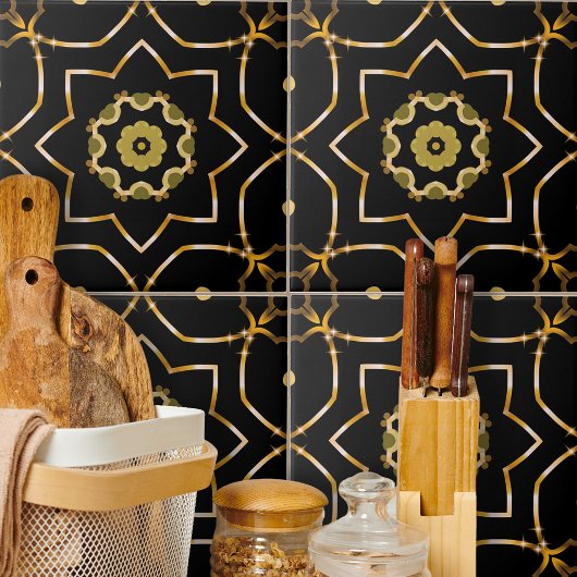 Elegant Filigree Funkelnd Shiny Gold & Black Mosai Fliese