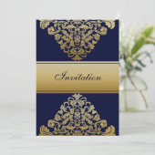 Elegant Filigree Navy Gold Wedding Einladung (Stehend Vorderseite)