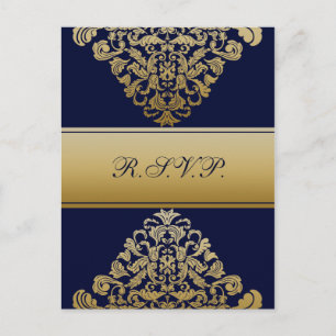 Elegant Filigree Navy Gold Wedding Einladungspostkarte