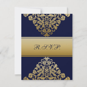 Elegant Filigree Navy Gold Wedding RSVP Karte