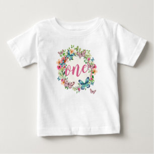 Elegant First Birthday Floral Wreath   Ruffle-T-Sh Baby T-shirt