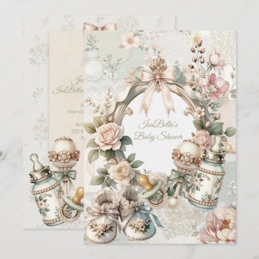 Elegant First Bloom Baby Shower Invitation with Fl Einladung (Vorne/Hinten)